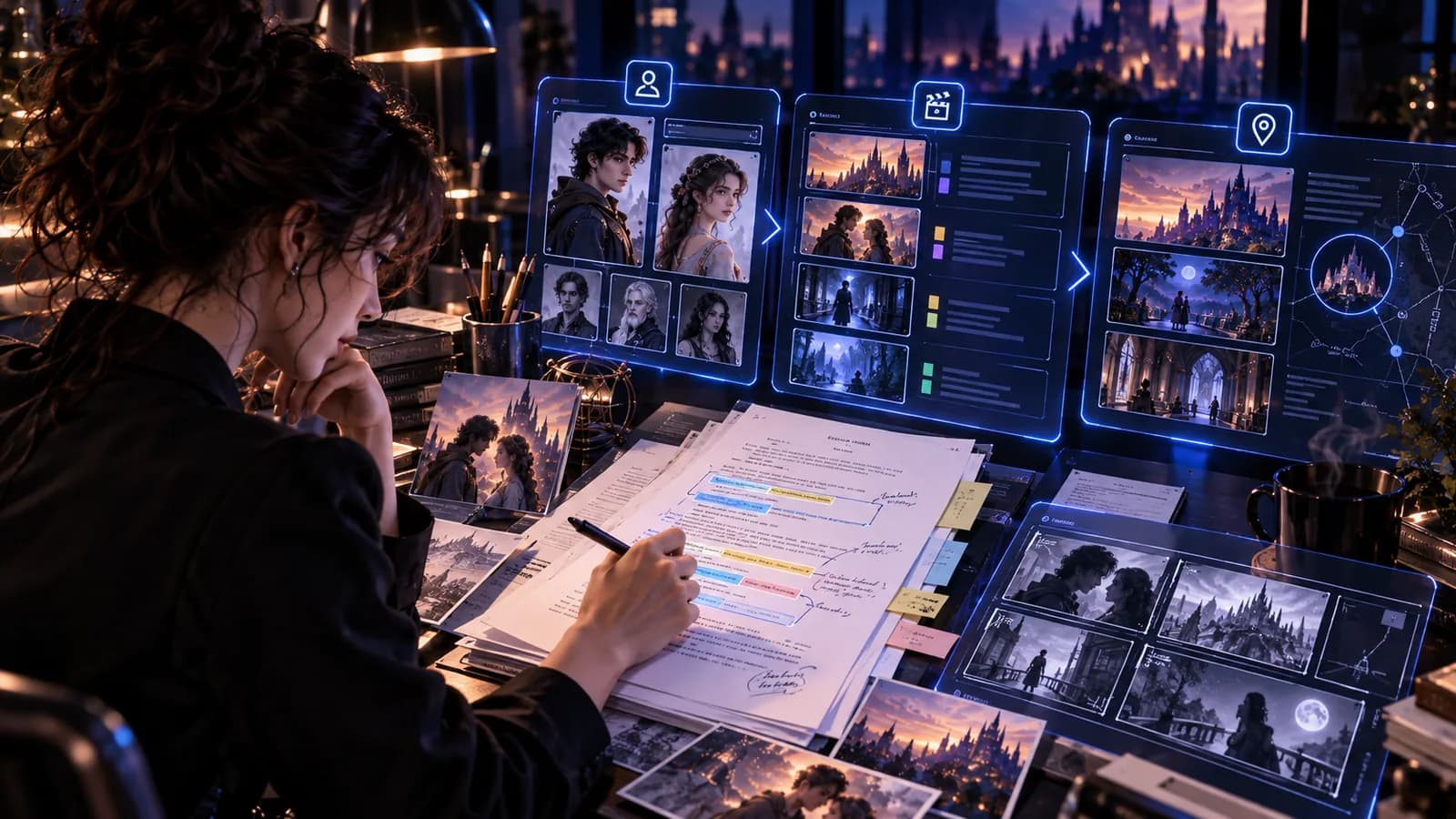 A script and scene notes on a desk