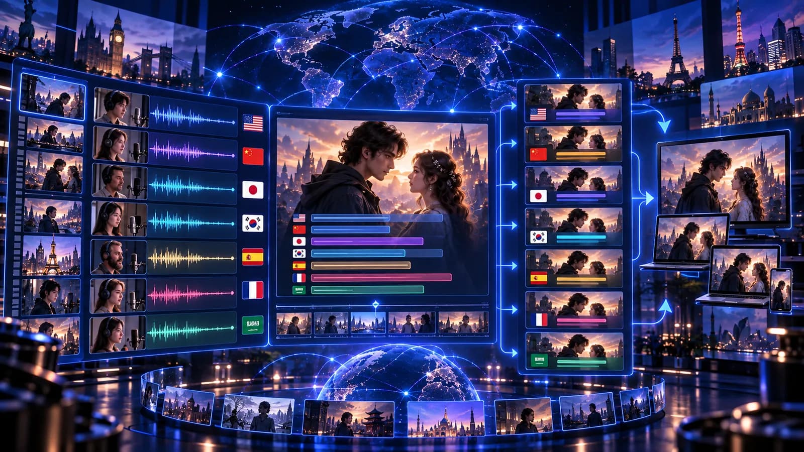 Multilingual dubbing and subtitle panels with audio waveforms