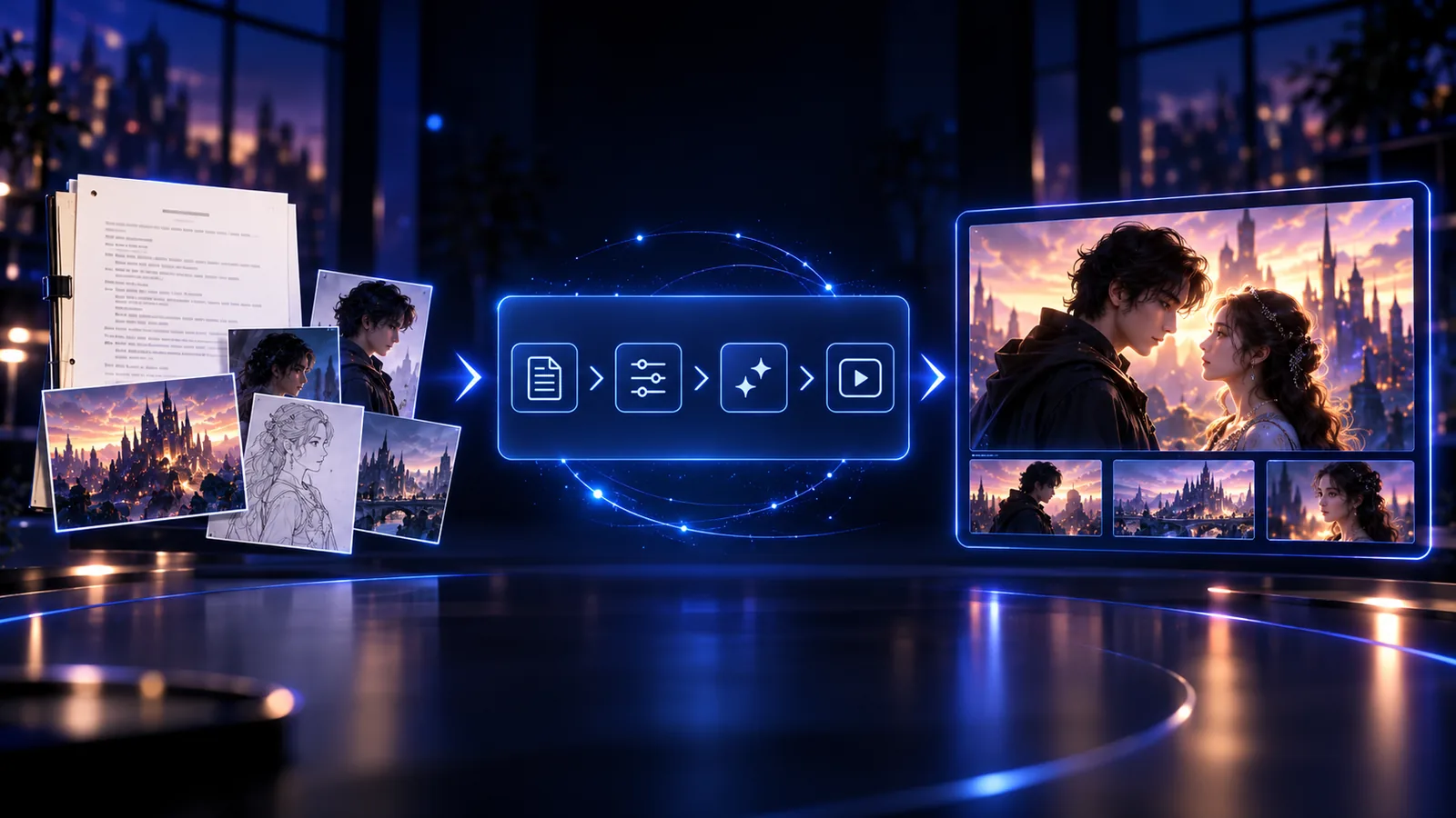 Story references arranged beside a scene monitor